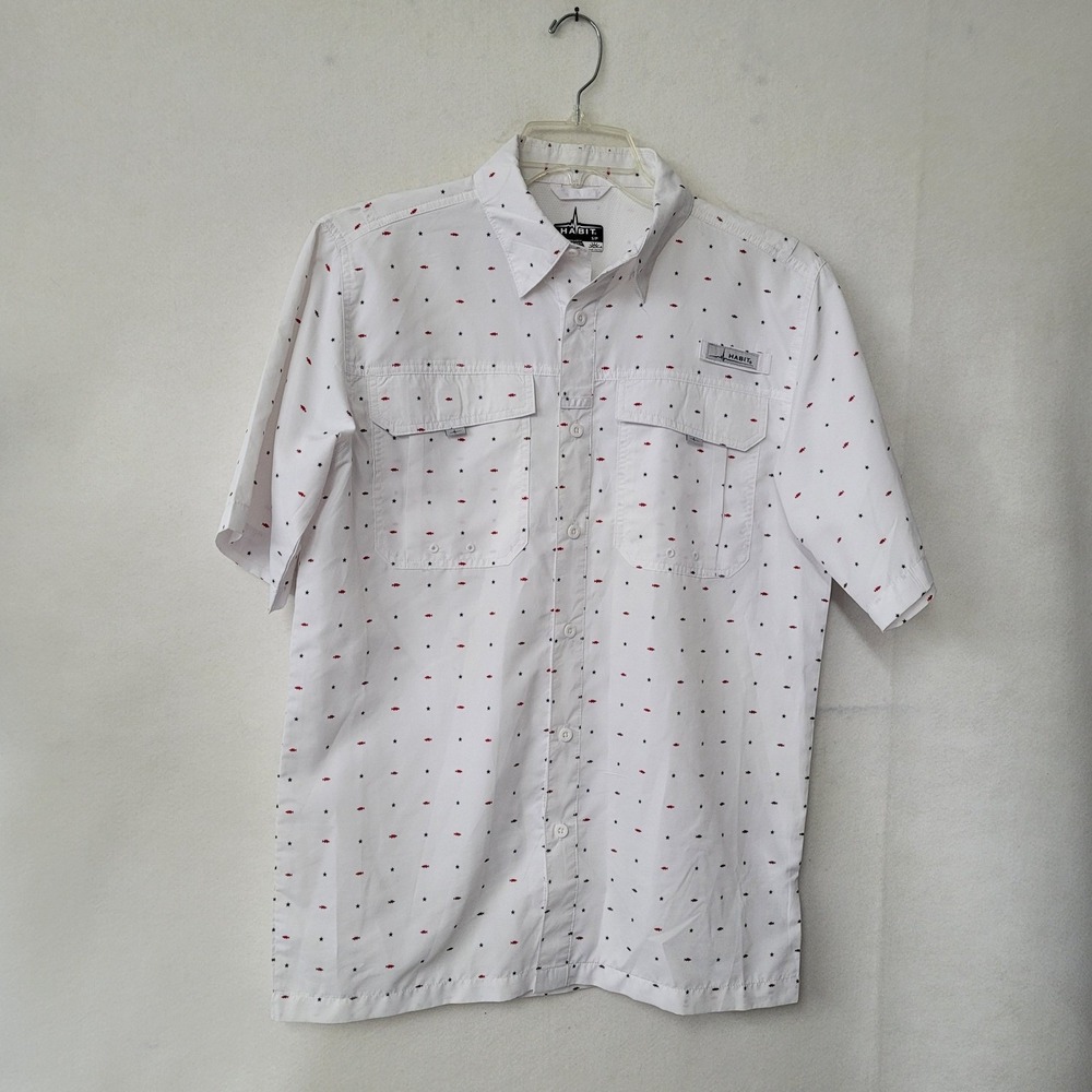 Habit Mens Fishing Shirt Small White Red Fish Blue Stars Vented UPF 40 TS10411